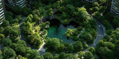 Lush green park encircling tranquil pond in urban setting during midday sunlight photo