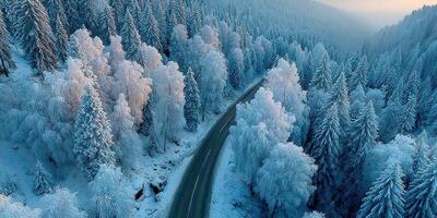 Snow-covered trees line a winding road in a serene winter landscape at dawn in the mountains photo