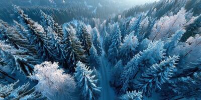 Snowy winter landscape viewed from above with frosted trees and a winding path through the forest in early morning light photo