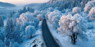 Winter landscape with snow-covered trees and winding road in frosty morning light photo