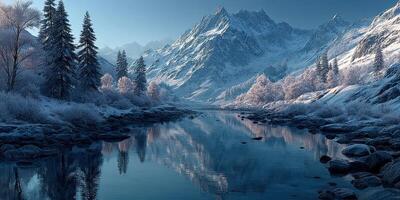 Snowy mountain landscape reflecting in tranquil river during early morning light photo