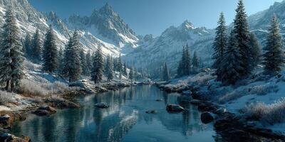 Snow-covered mountains reflect in a serene river surrounded by evergreen trees in a tranquil winter landscape photo