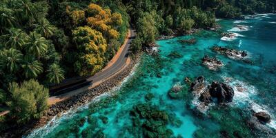 Scenic coastal road alongside turquoise waters and lush greenery in a tropical paradise photo