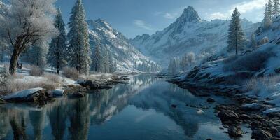 Winter landscape captures serene river reflecting snow-covered mountains and trees in a tranquil setting at dawn photo