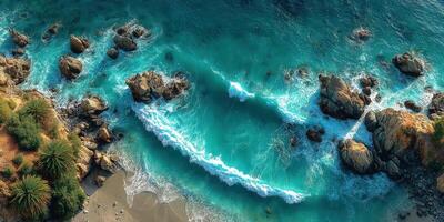 Vibrant ocean waves crashing on rocky coastline with sandy beach under bright sunlight photo