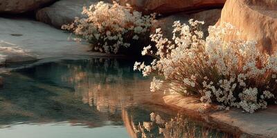 Serene water reflection with white flowers in a rocky landscape during golden hour at a natural oasis photo