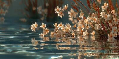 Blossoming flowers reflected in tranquil water create a serene and peaceful setting at sunset photo