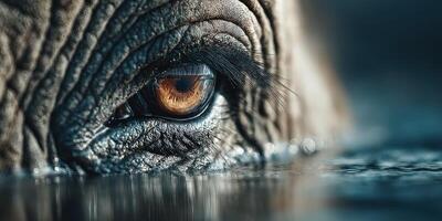 Close-up view of an elephant's eye reflecting water in a serene natural setting at dusk photo