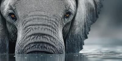 Majestic elephant emerging from tranquil water at dusk showcasing its powerful presence and intricate details in nature photo