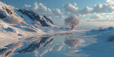 Winter landscape with a solitary tree and reflective water under a bright blue sky photo