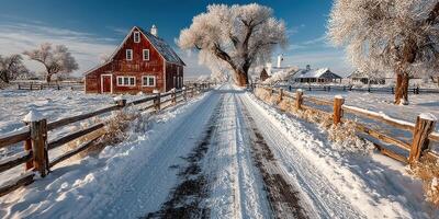 Snow-covered rural landscape with rustic barn and frosty trees during a clear winter day photo