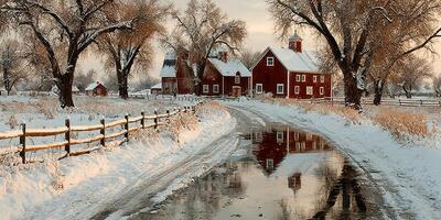 Winter landscape showcasing a rustic farmhouse and reflecting snow-covered road at dawn in a serene rural setting photo