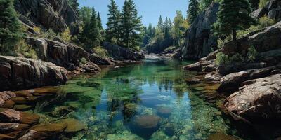 Lush green reflection in clear water at a serene lake surrounded by towering trees and rocky cliffs in midday sunlight photo