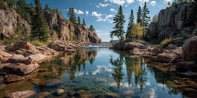Tranquil river flowing through rocky landscape under a clear blue sky with reflections of trees and clouds photo