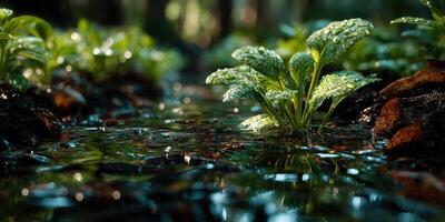 Morning dew glistens on vibrant green plants beside a tranquil stream in a serene forest photo