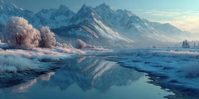 Majestic winter landscape showcasing snow-covered mountains and a serene river reflecting the early morning light photo
