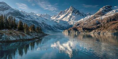 Majestic mountain landscape reflecting on calm water under a clear sky photo