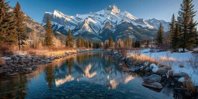 Stunning mountain reflection in a serene river at sunrise in the Canadian Rockies photo