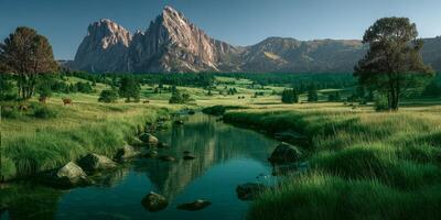 Breathtaking landscape with mountains, river, and grazing cattle in a serene valley during golden hour photo