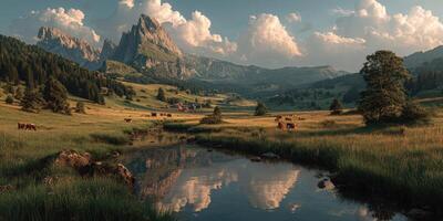 Breathtaking mountain landscape with grazing cattle and serene river at sunset in the Dolomites photo