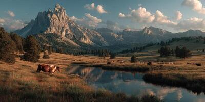 Scenic mountain landscape with grazing cows and tranquil pond at sunset photo