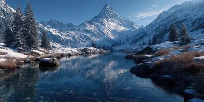Scenic winter landscape with majestic mountains and tranquil river reflecting the blue sky photo