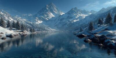 Majestic snow-capped mountains reflect in a serene lake surrounded by evergreen trees during a clear day photo