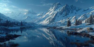 Snow-covered mountains reflect in a tranquil lake under a clear blue sky at dawn in a remote wilderness photo