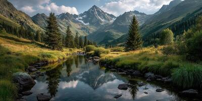 Stunning mountain landscape with reflective lake and lush greenery during daylight photo