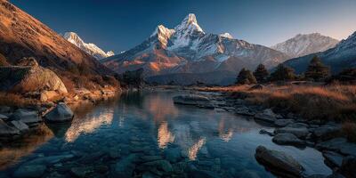 Majestic mountain range reflects in tranquil river at dusk in a remote valley photo