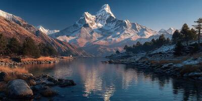 Majestic mountain peak reflecting in serene lake at dawn in a tranquil wilderness setting photo