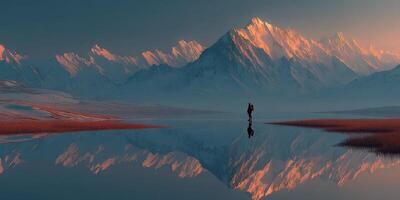 Majestic mountain landscape reflecting in still waters at dusk with a lone hiker in the foreground photo