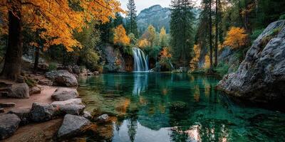 Cascading waterfall surrounded by vibrant autumn foliage in a serene mountain setting photo