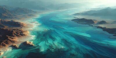 Majestic aerial view of a winding river surrounded by mountains under soft sunlight photo
