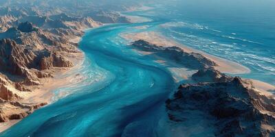 Beautiful river winding through rugged cliffs meets the ocean at sunset with vibrant blue hues photo