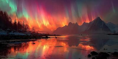 Vibrant northern lights illuminate mountains and reflections on a tranquil lake at dusk in a remote destination photo