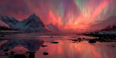 Vibrant aurora borealis illuminates snowy mountains and calm waters at dusk in Arctic landscape photo