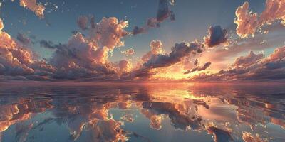 Majestic sunset reflecting on calm waters with vibrant clouds at dusk photo