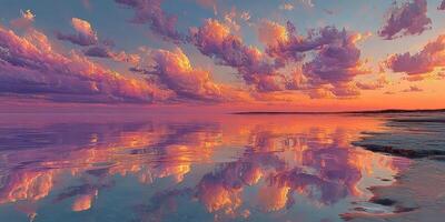 Majestic sunset reflections over tranquil water with vibrant clouds outlined in pastel hues photo