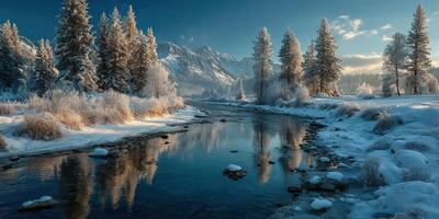 Winter landscape with frosty trees and a calm river under a blue sky at dawn photo