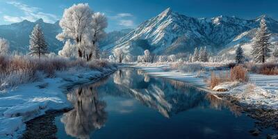 Lush winter landscape featuring frosted trees and a serene river reflecting majestic mountains during daylight hours photo