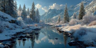 Winter landscape with snow-covered trees and a serene river in a mountainous region under a clear sky photo