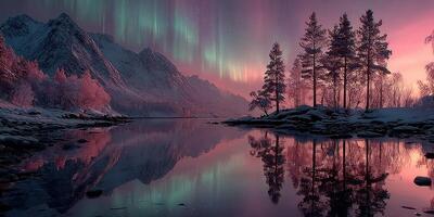 Majestic northern lights illuminate a tranquil winter landscape at dusk with mountain reflections photo