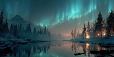 Northern lights illuminate a serene winter landscape over a reflective lake at twilight in a remote wilderness area photo