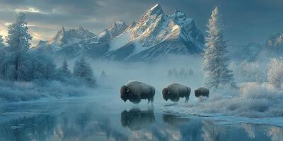 Bison walking through a serene winter landscape near a river with mountains in the background at dawn photo