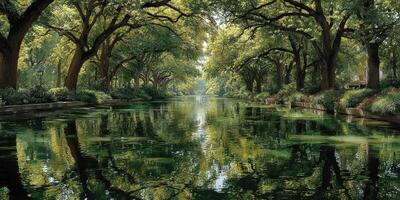 Serene riverbank surrounded by lush greenery under soft sunlight in a tranquil park during late spring photo