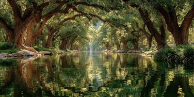 Serene riverbank lined with lush trees reflecting in calm water on a sunny afternoon photo