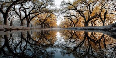 Serene reflection of autumn trees over calm water in a tranquil setting at dawn photo