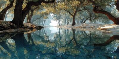 Serene forest with tranquil water reflecting trees during early morning light photo