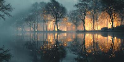 Mysterious landscape at twilight featuring glowing trees and calm water reflection in serene nature setting photo